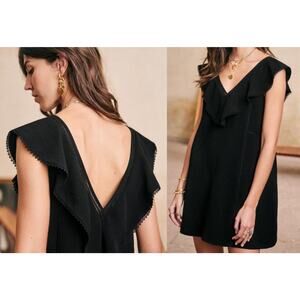 Sézane Sezane | Martie Dress Black V-Neck Mini Ruffle Trim | Sz 36